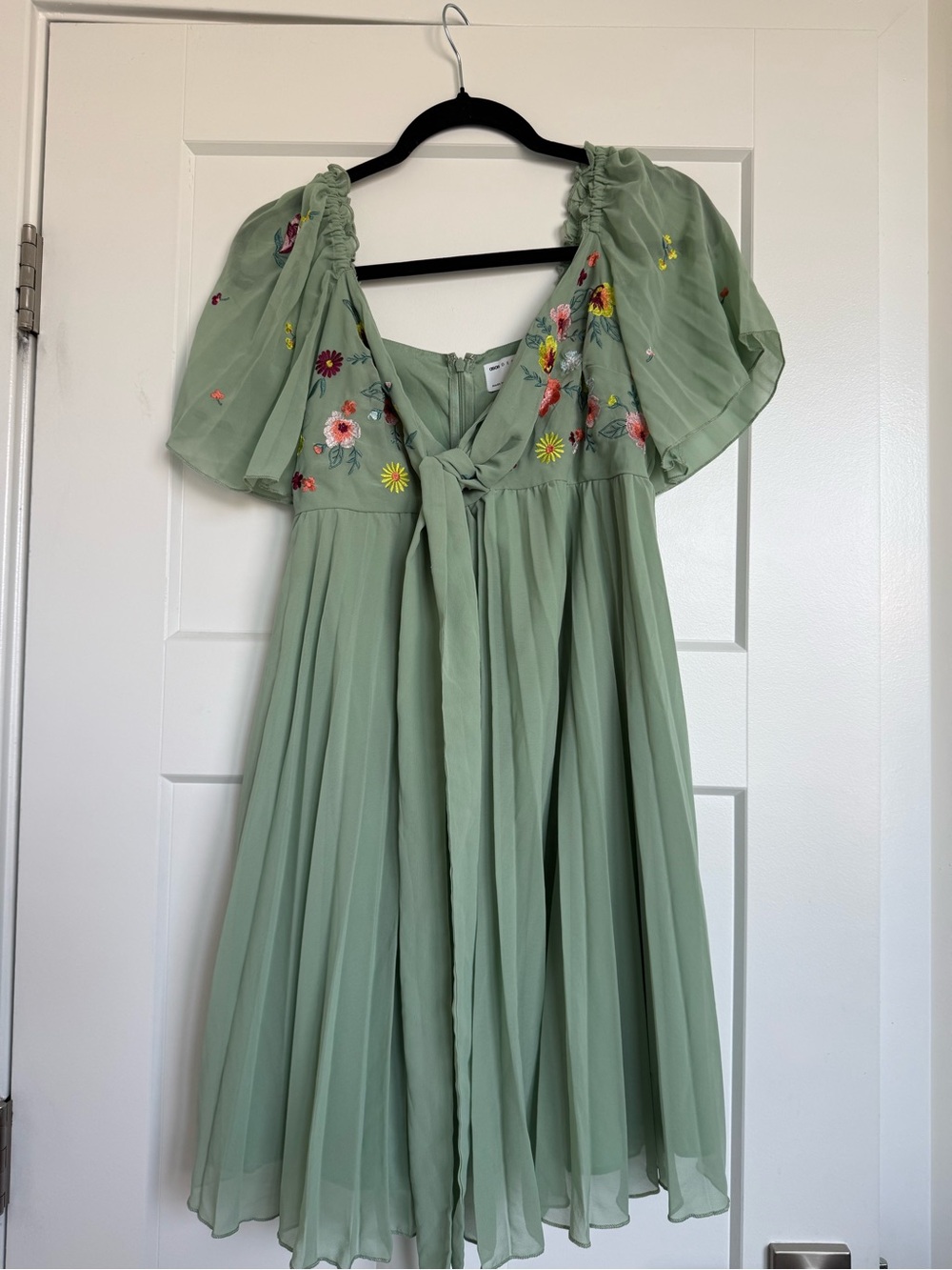 Sage Green Floral Tie-Front Chiffon Midi Dress